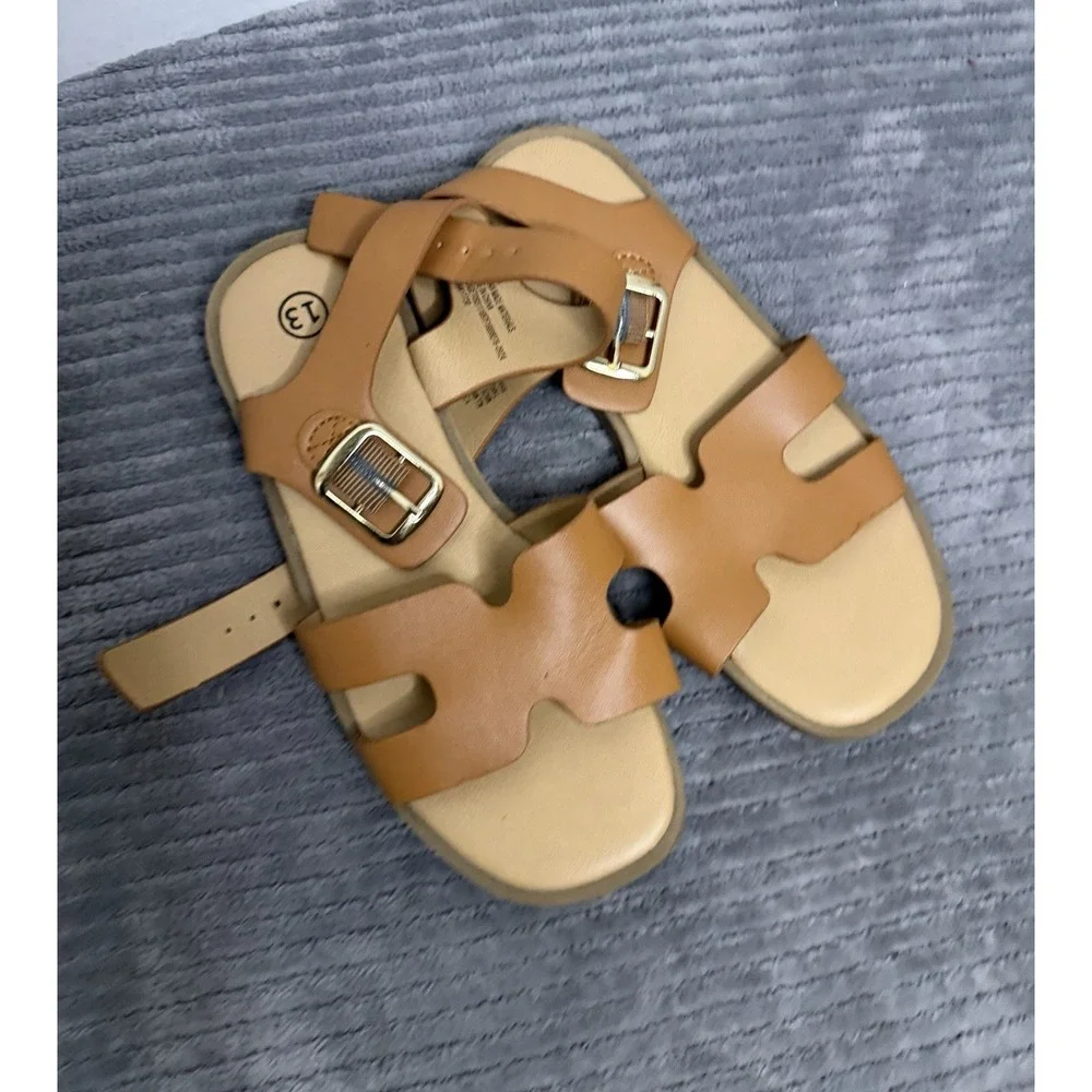 Girls Sandals Open Toe Cute Flats Dress Sandals with Adjustable Buckle Size 13